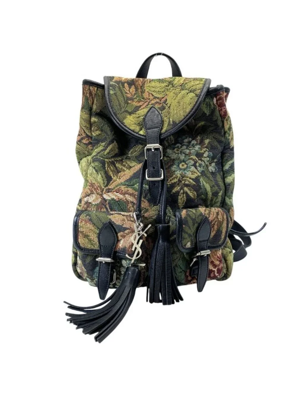 Saint Laurent Festival Tapestry Backpack Canvas Leather Black Multicolor Fine